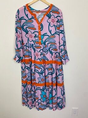 Briton Court floral bold print Bohemian Boho MIDI tiered Dress Size M
